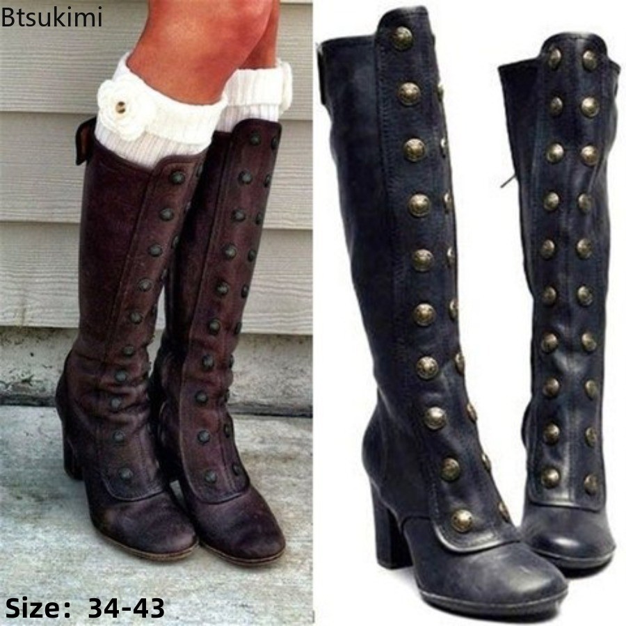 Winter Fashion Women Boots - Bottes rétro noires à rivets, talons